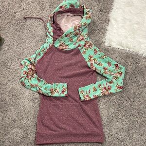 AMPERSAND AVE Mint Floral Raglan Hoodie with Dusty Rose Body